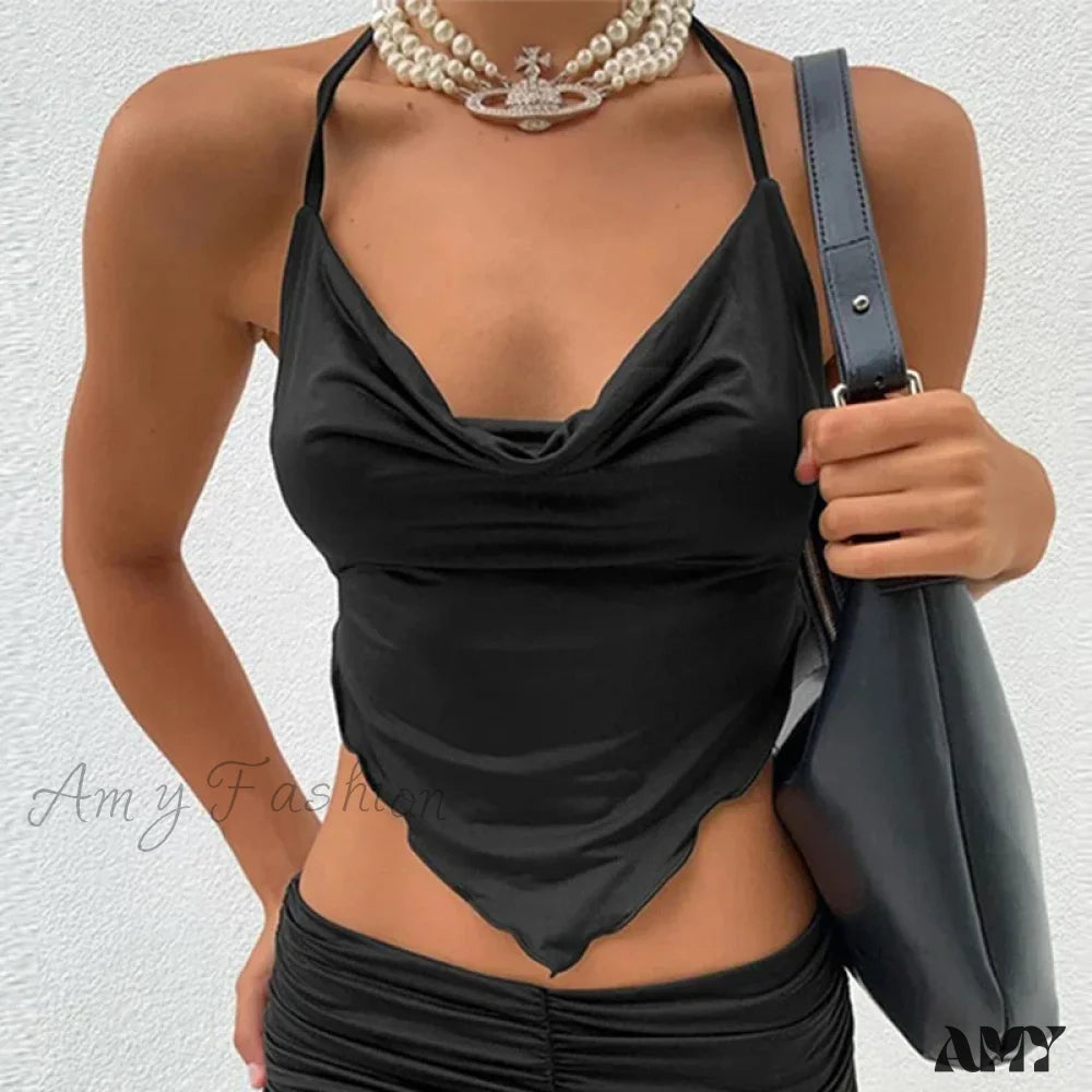 Sexy Sleeveless Backless Lacing Spaghetti Strap Halter Crop Top Black / S