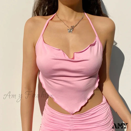 Sexy Sleeveless Backless Lacing Spaghetti Strap Halter Crop Top Pink / S