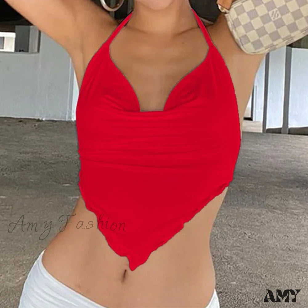 Sexy Sleeveless Backless Lacing Spaghetti Strap Halter Crop Top Red / S