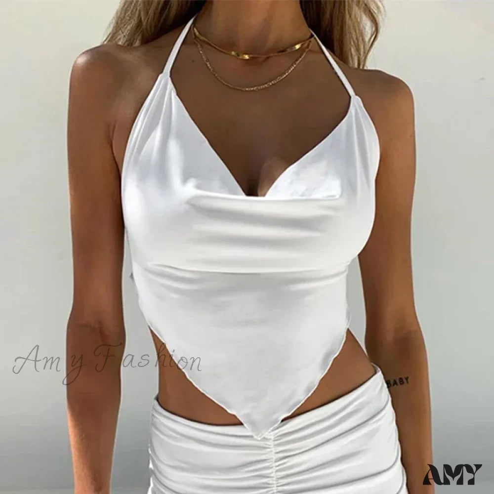 Sexy Sleeveless Backless Lacing Spaghetti Strap Halter Crop Top White / S