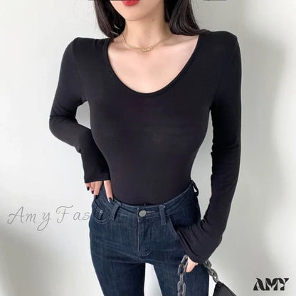 Sexy Slim Bodycon O Neck Soild Basic Casual Crop Top Black / S