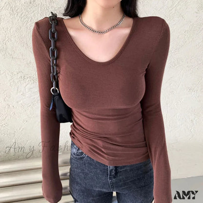 Sexy Slim Bodycon O Neck Soild Basic Casual Crop Top Brown / S