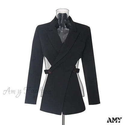 Sexy Slimming Hollow Out Notched Collar Long Sleeve Crisscross Casual Front Fashion Blazer Black / S