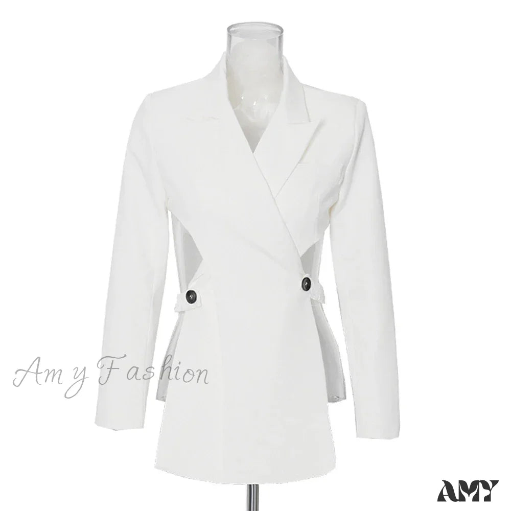 Sexy Slimming Hollow Out Notched Collar Long Sleeve Crisscross Casual Front Fashion Blazer White / S