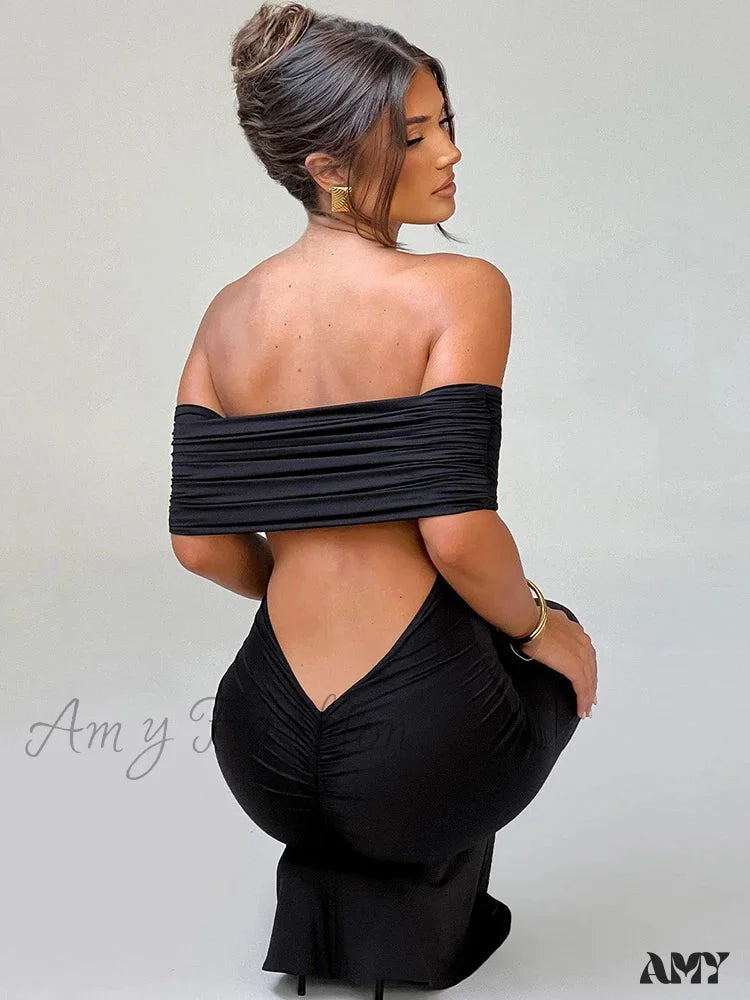 Sexy Strapless Backless Maxi Dress - Solid Off-Shoulder Sleeveless Bodycon Christmas Party Black / S