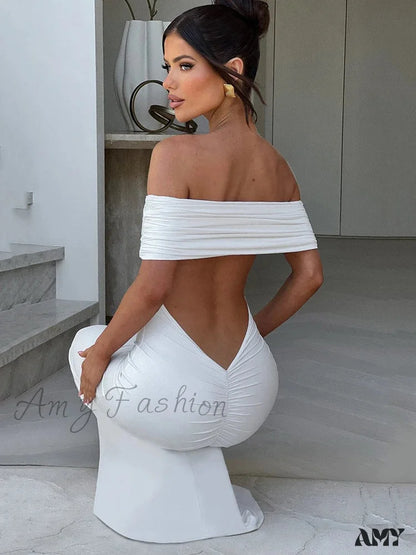 Sexy Strapless Backless Maxi Dress - Solid Off-Shoulder Sleeveless Bodycon Christmas Party White / S