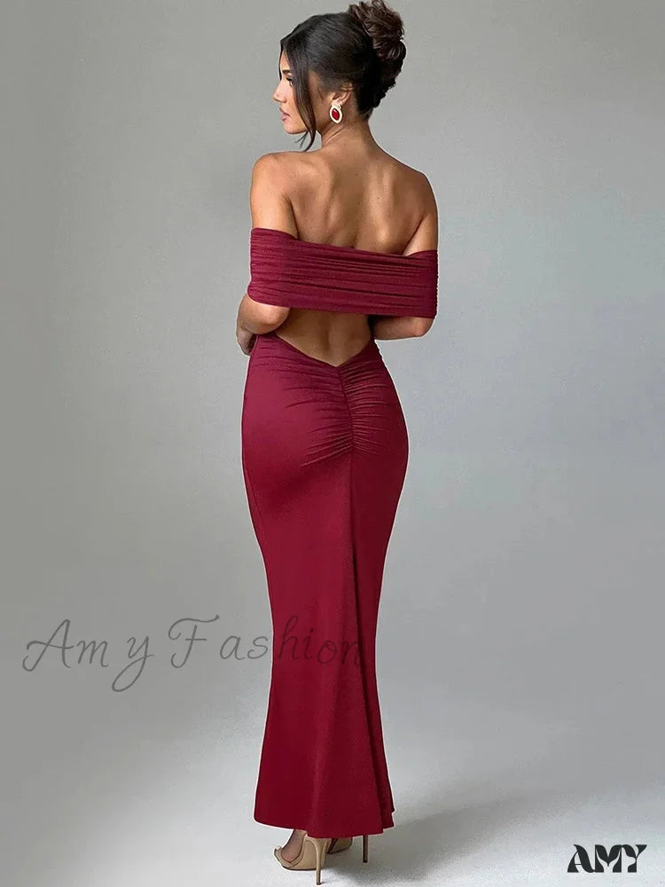 Sexy Strapless Backless Maxi Dress - Solid Off-Shoulder Sleeveless Bodycon Christmas Party Wine Red