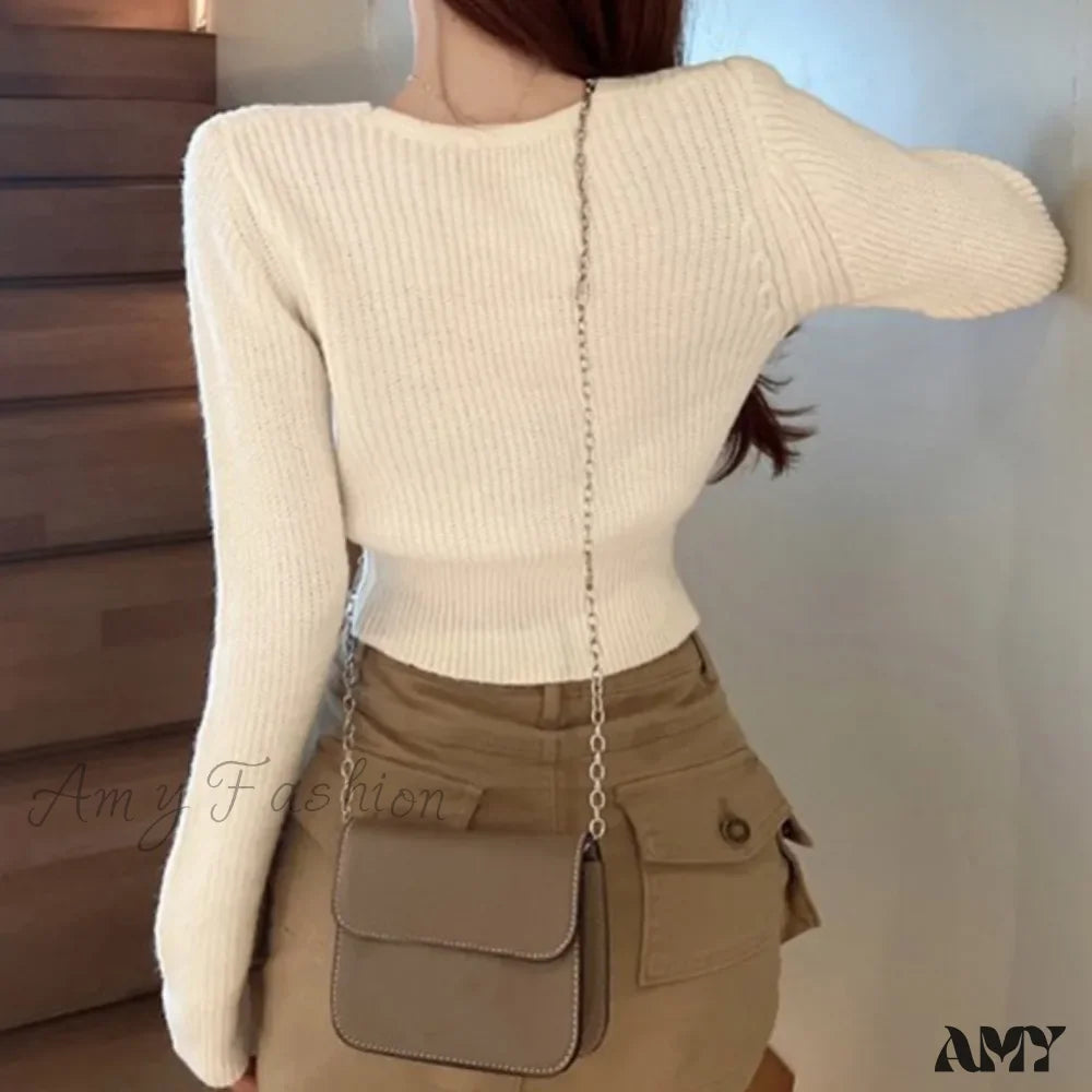 Sexy Summer Button Up Square Neck Long Sleeve Crop Sweater