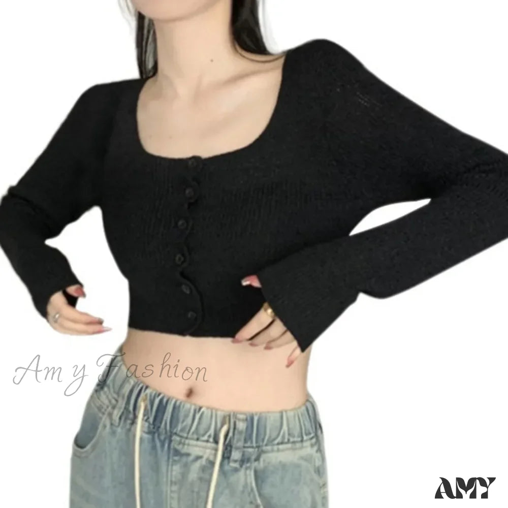 Sexy Summer Button Up Square Neck Long Sleeve Crop Sweater Black / Onesize