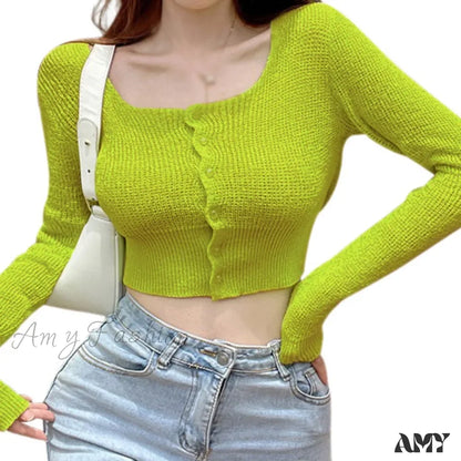 Sexy Summer Button Up Square Neck Long Sleeve Crop Sweater Fluorescentgreen / Onesize