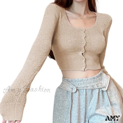 Sexy Summer Button Up Square Neck Long Sleeve Crop Sweater Khaki / Onesize