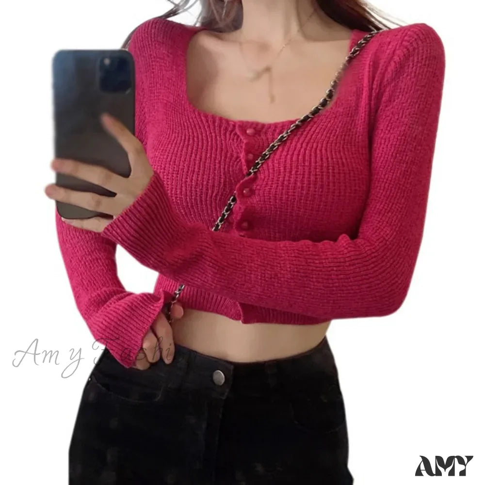 Sexy Summer Button Up Square Neck Long Sleeve Crop Sweater Maroon / Onesize