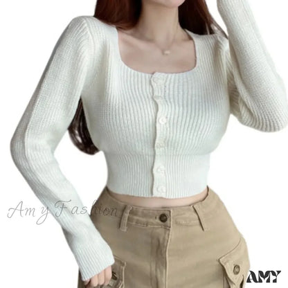 Sexy Summer Button Up Square Neck Long Sleeve Crop Sweater White / Onesize