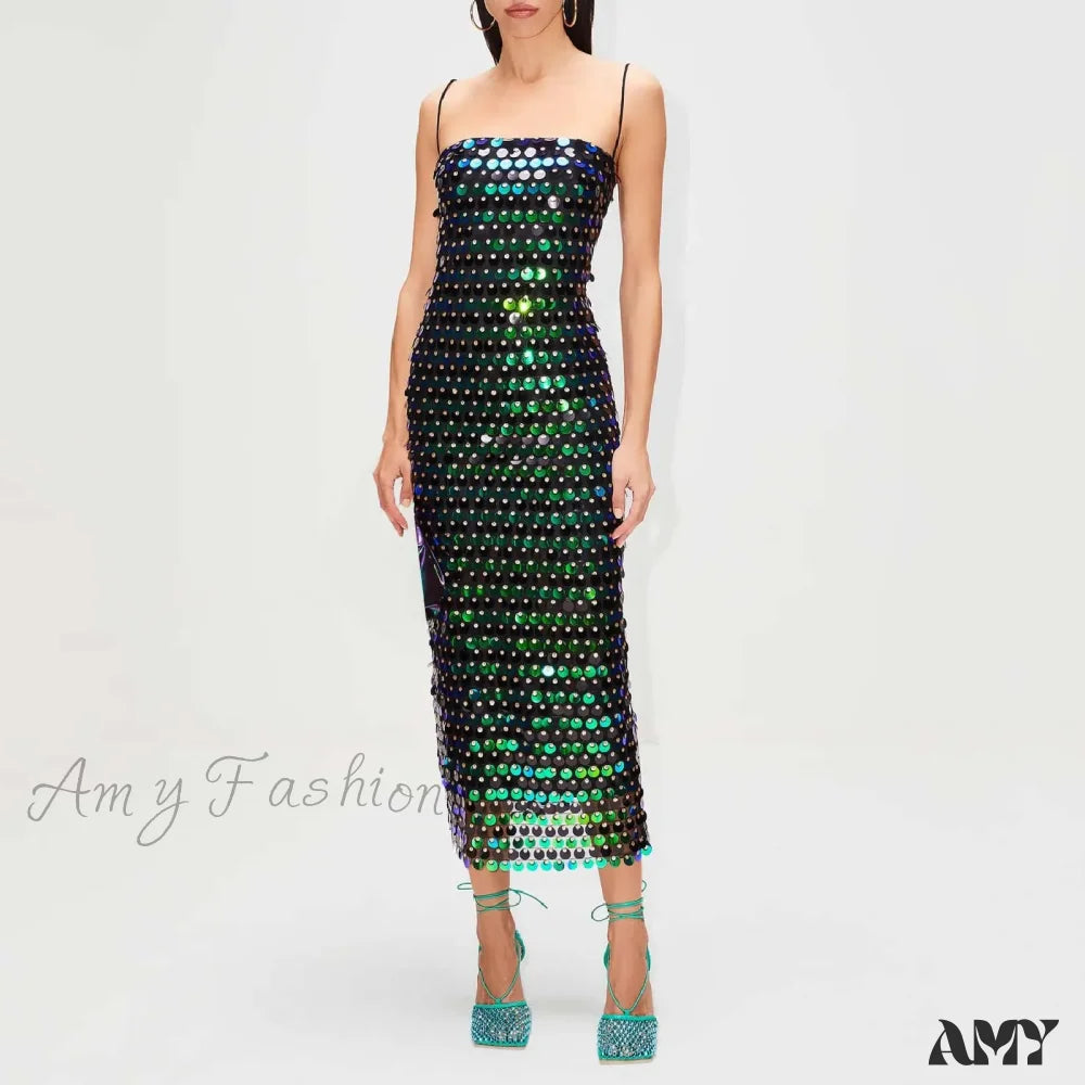 Sexy Suspender Slim Sequin Sleeveless Sling Cocktail Evening Gown Chic Lady Elegant Sequins