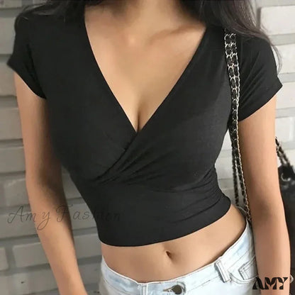 Sexy V Neck Pure Color Patchwork Sleeveless Camisole Casual Slim Vest Crop Top Black / M