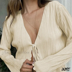 Sexy White Lace-Up Summer Autumn Long Sleeve Pleated Blouse