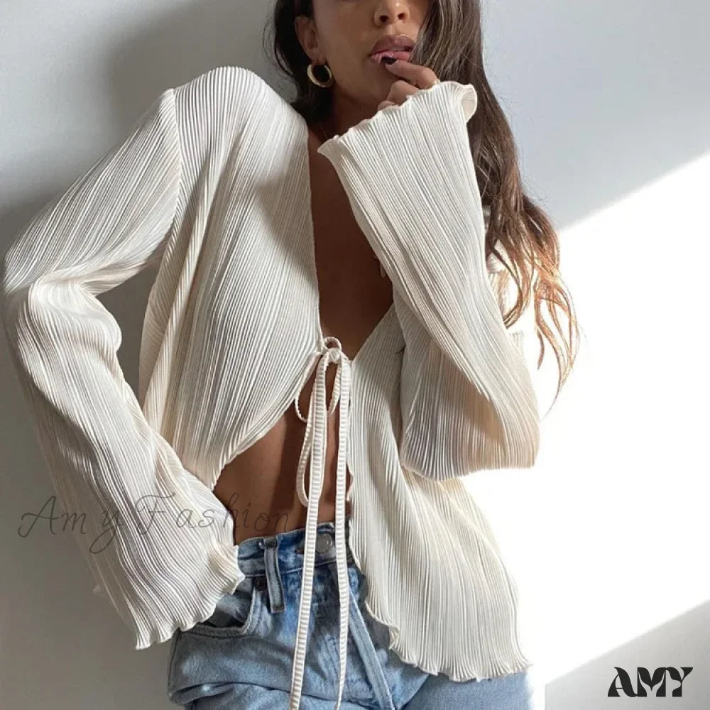Sexy White Lace-Up Summer Autumn Long Sleeve Pleated Blouse A / S