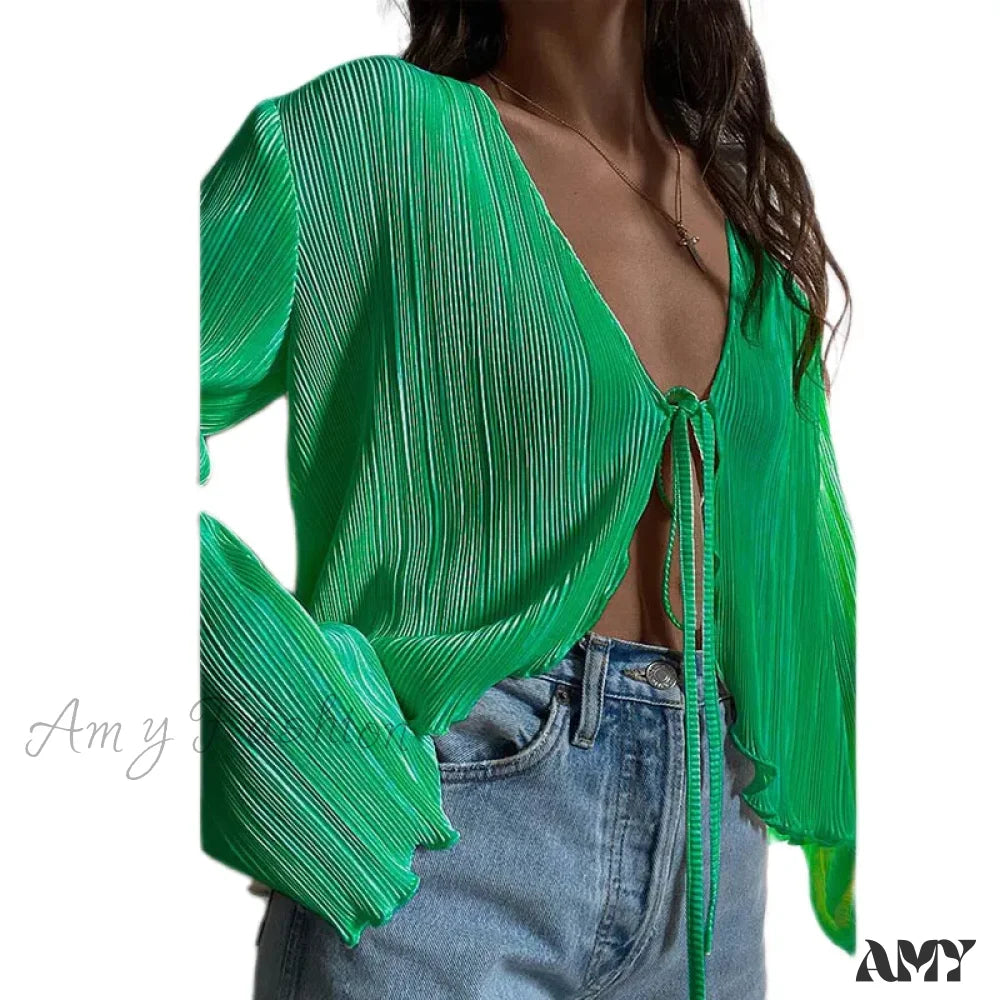 Sexy White Lace-Up Summer Autumn Long Sleeve Pleated Blouse B / S