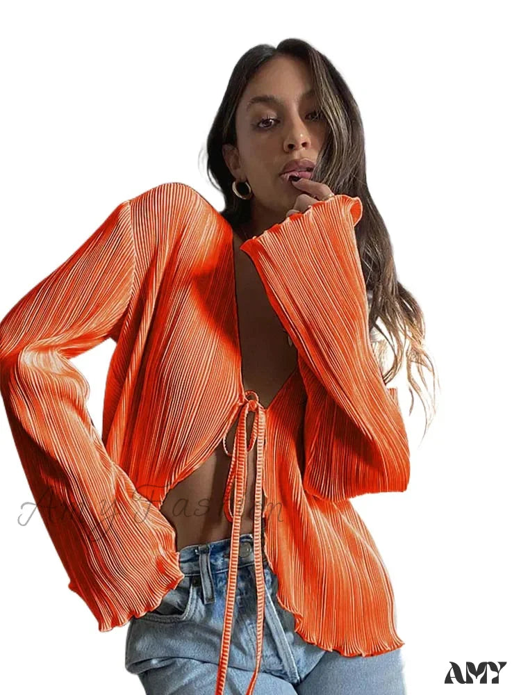 Sexy White Lace-Up Summer Autumn Long Sleeve Pleated Blouse C / S