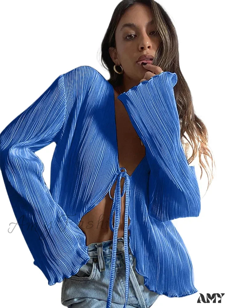 Sexy White Lace-Up Summer Autumn Long Sleeve Pleated Blouse D / S