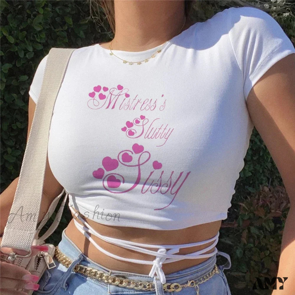 Sexy White Short Crop Bandage Casual Sleeve Female Y2K Top