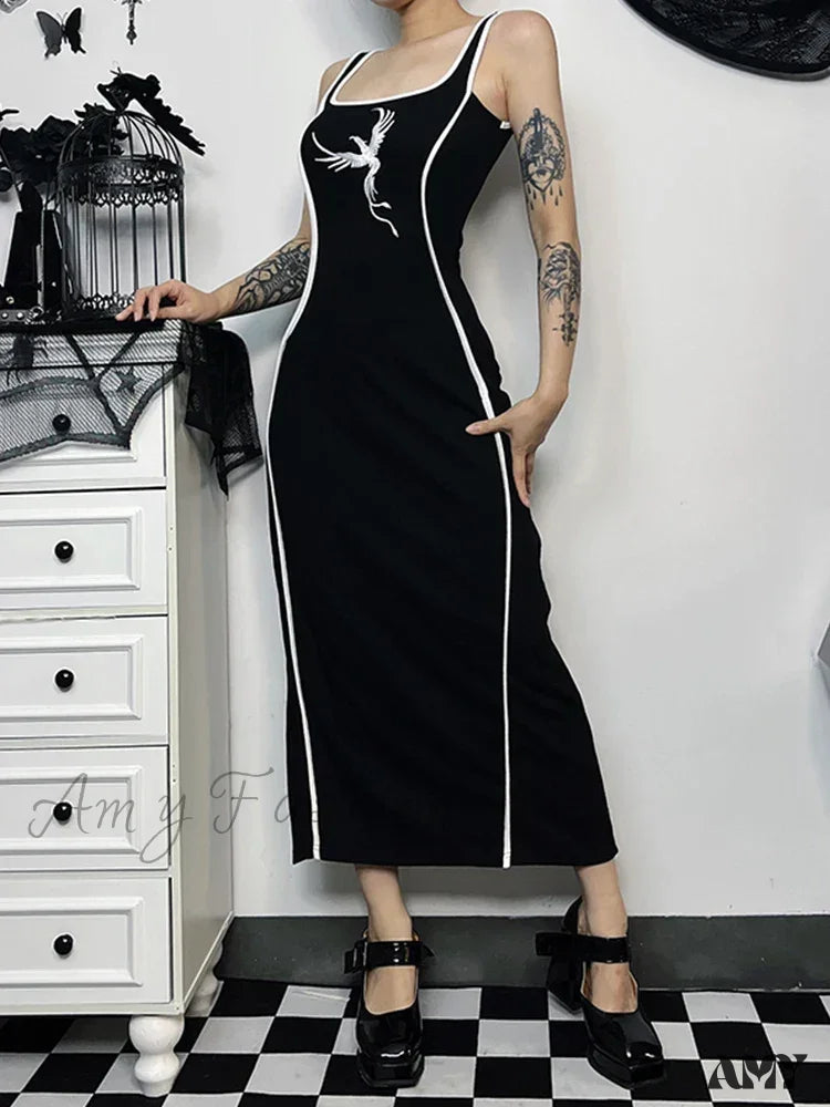 Sexy White Sleeveless Neck Bodycon Embroidery Gothic Tank High Waist Square Dress