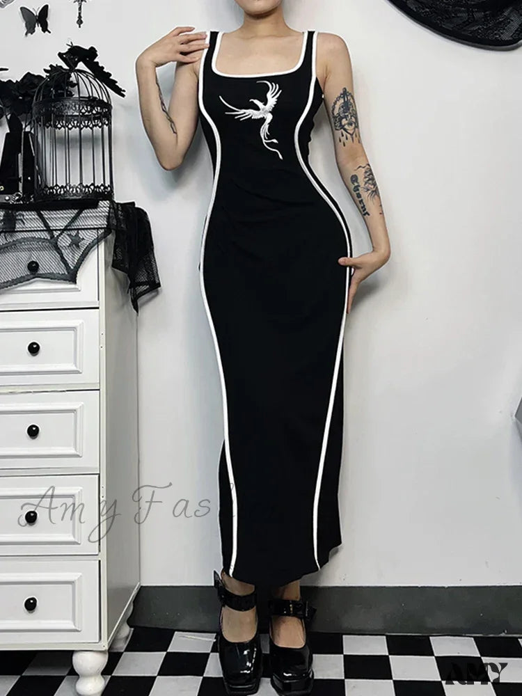 Sexy White Sleeveless Neck Bodycon Embroidery Gothic Tank High Waist Square Dress