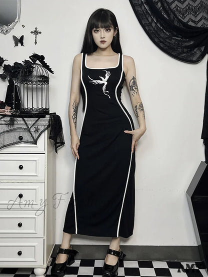 Sexy White Sleeveless Neck Bodycon Embroidery Gothic Tank High Waist Square Dress