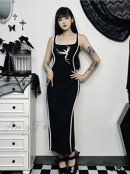 Sexy White Sleeveless Neck Bodycon Embroidery Gothic Tank High Waist Square Dress Black / S