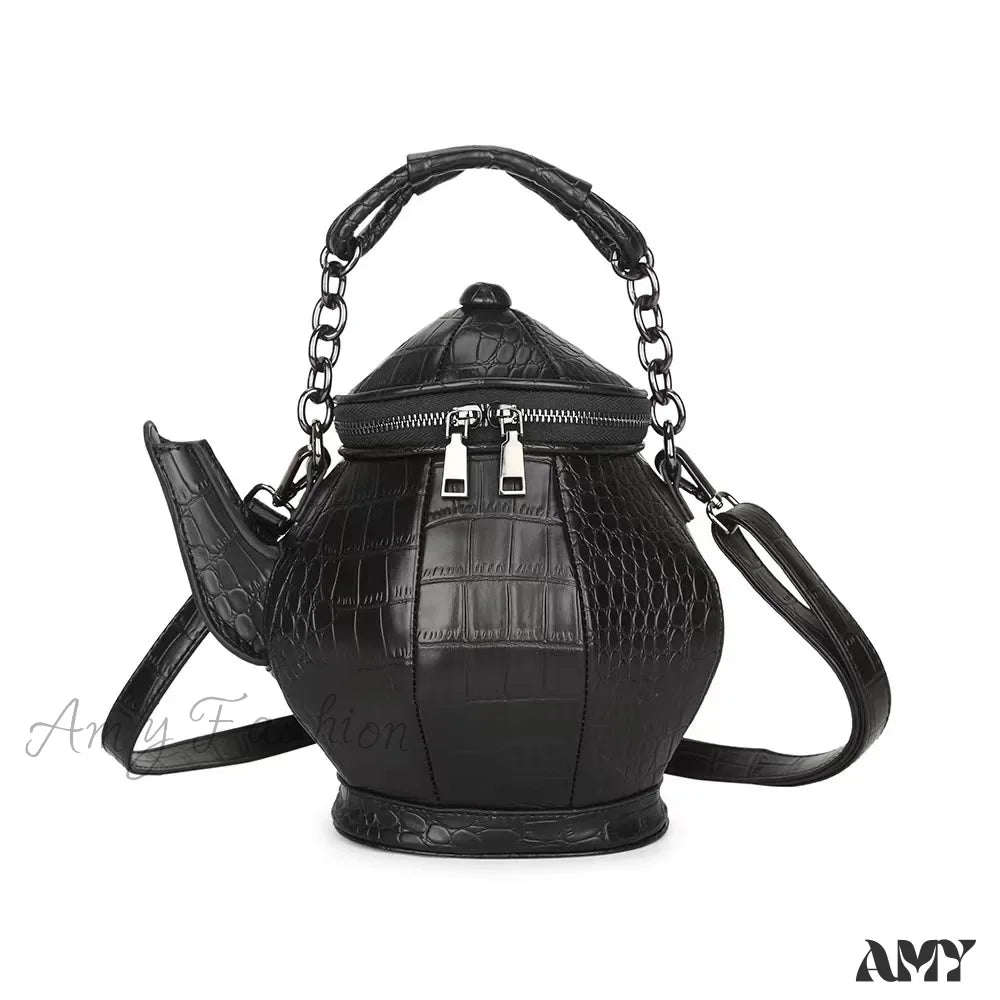 Shaped Fashion Bag Funny Gothic Stone Personalized Teapot Pattern Leather Black