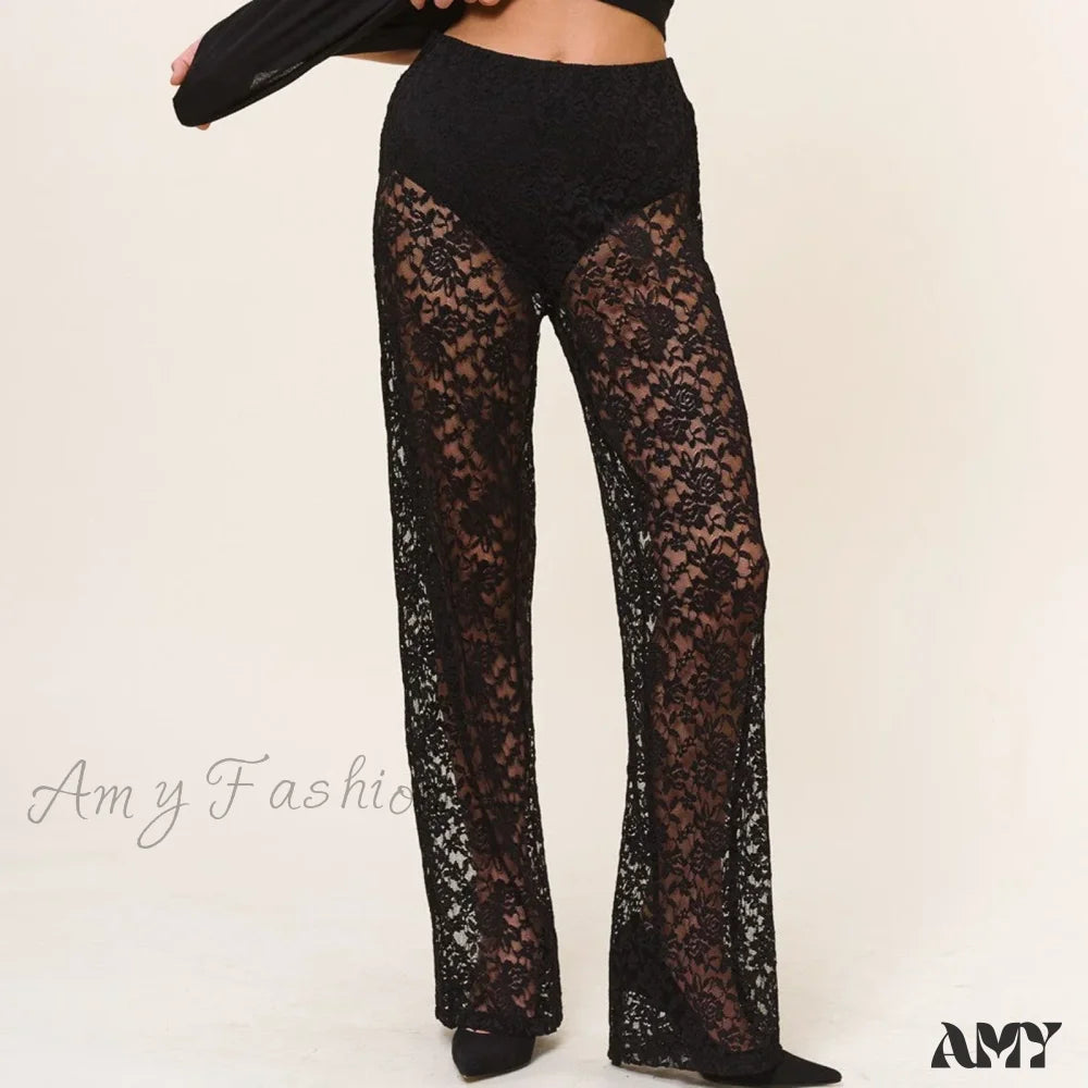 Sheer Pants Transparent Halloween Sexy Lace Black / S