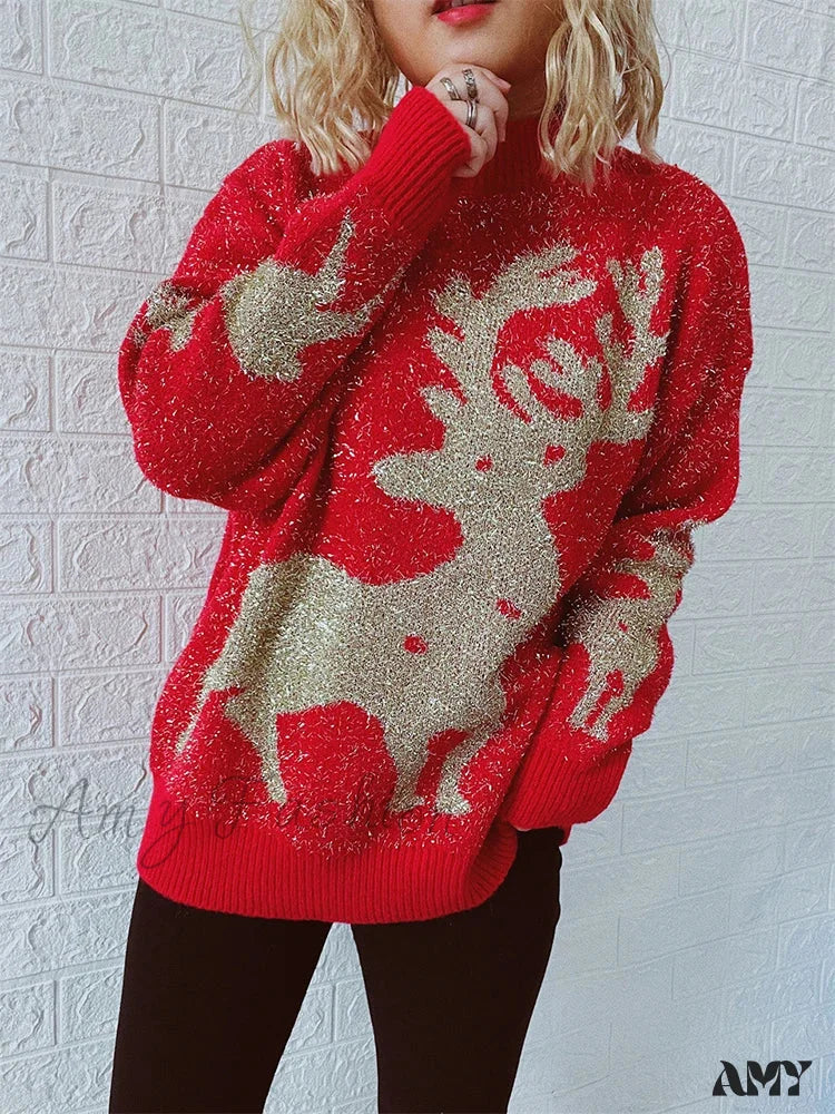 Shiny Loose O-Neck Christmas Sweater - Autumn/Winter Fashion