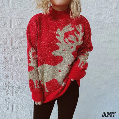 Shiny Loose O-Neck Christmas Sweater - Autumn/Winter Fashion Red 1 / S