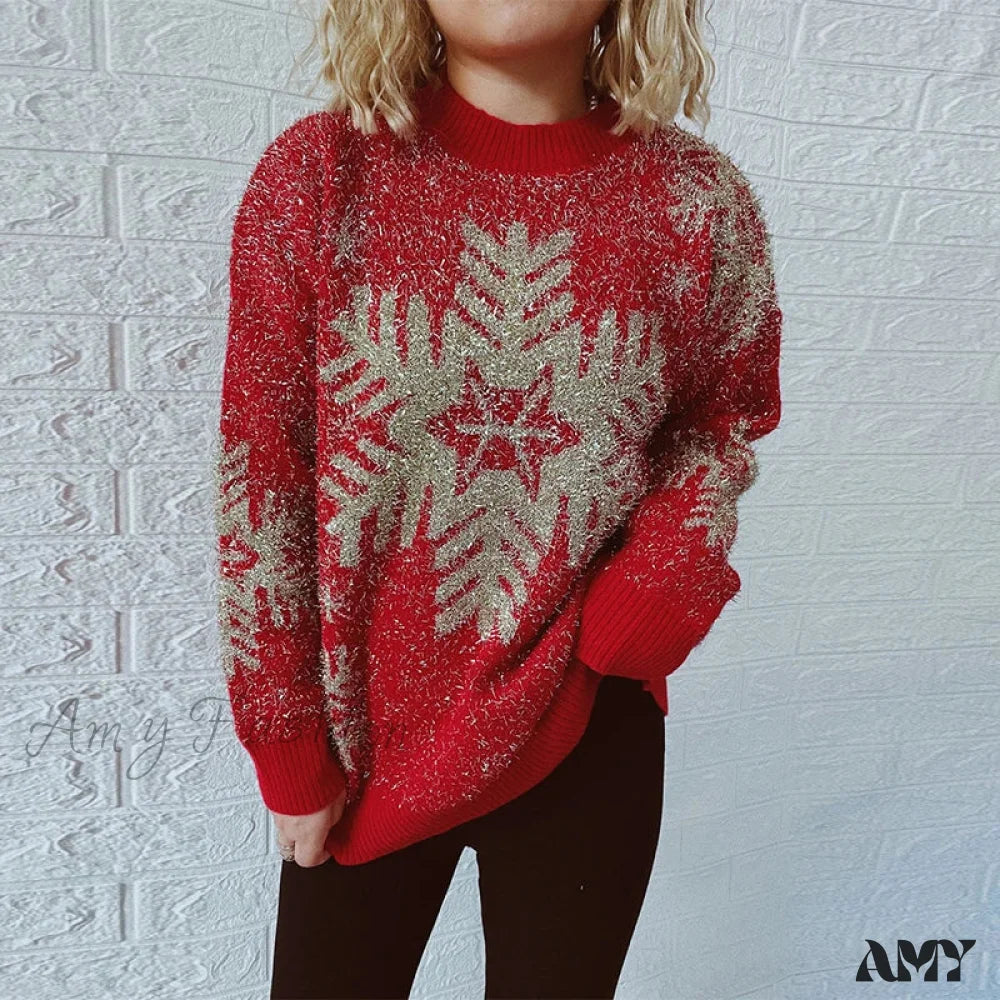 Shiny Loose O-Neck Christmas Sweater - Autumn/Winter Fashion Red 2 / S