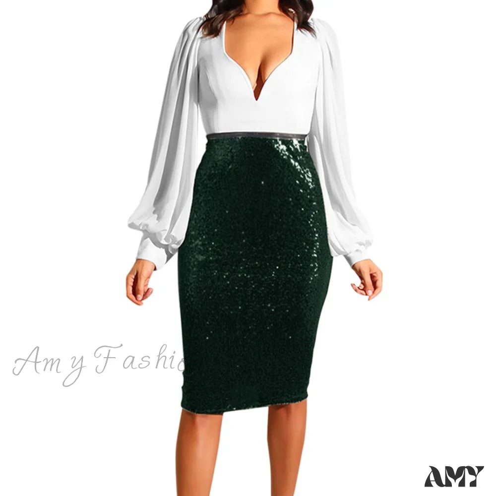 Shiny Sequin High Waist Glitter Gold Silver Stretchy Pencil Skirt Green / S