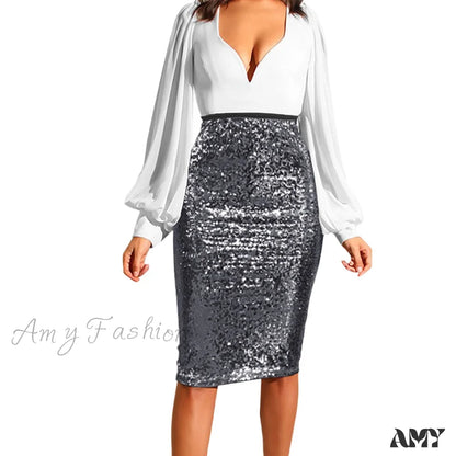 Shiny Sequin High Waist Glitter Gold Silver Stretchy Pencil Skirt / S