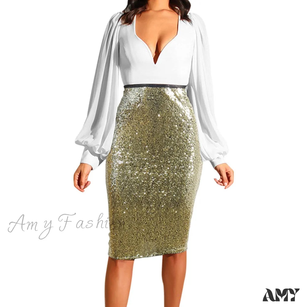 Shiny Sequin High Waist Glitter Gold Silver Stretchy Pencil Skirt / S