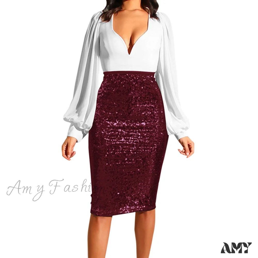 Shiny Sequin High Waist Glitter Gold Silver Stretchy Pencil Skirt Wine / S