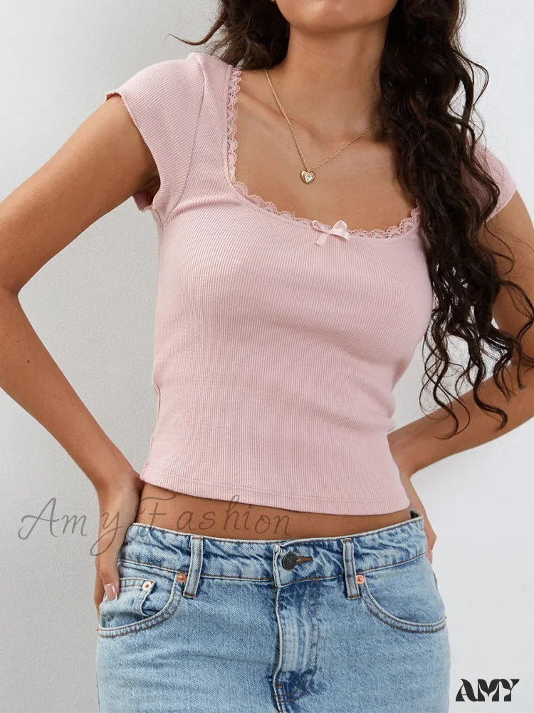 Short Sleeve Square Neck Lace Patchwork Bow Summer Streetwear Crop Top Pink / S