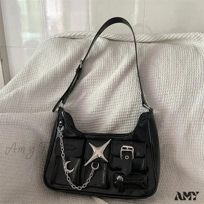 Shoulder Motorcycle Black Fashion Bag Casual Chains Y2K Gothic Harajuku / 25X13X7Cm