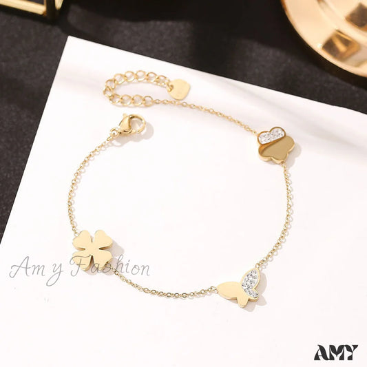 Simple Design Four-Leave Clover Butterfly Bracelet Gold