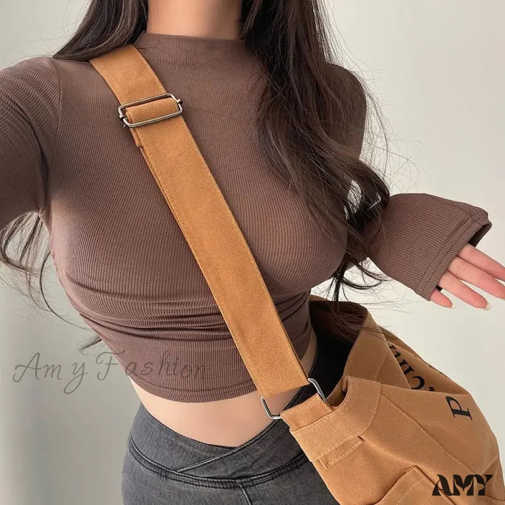 Simple Long Sleeve Slim Fit Short Half High Neck Solid Color Crop Top Coffee / S