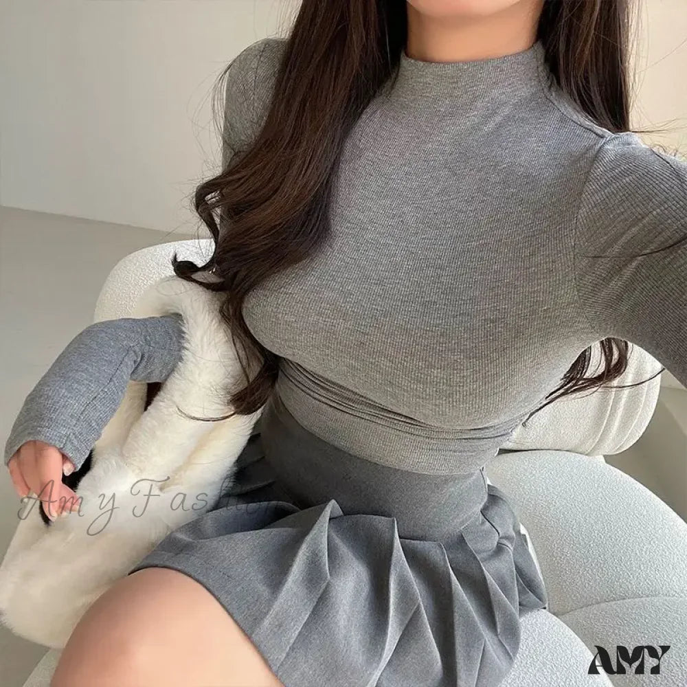 Simple Long Sleeve Slim Fit Short Half High Neck Solid Color Crop Top Gray / S