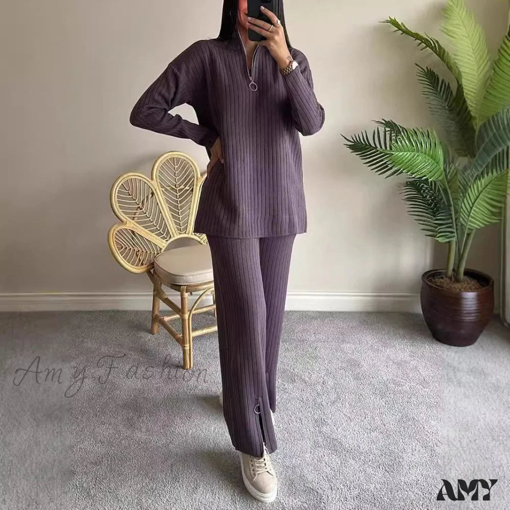 Simple Zipper Knitted High Neck Pajama Suit