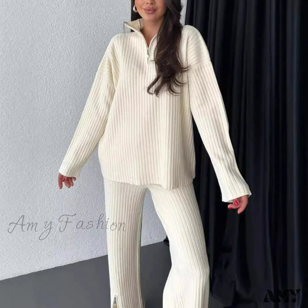 Simple Zipper Knitted High Neck Pajama Suit