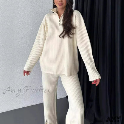 Simple Zipper Knitted High Neck Pajama Suit