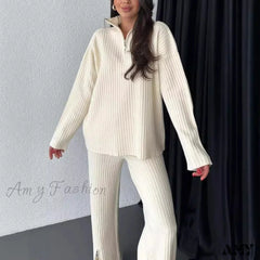 Simple Zipper Knitted High Neck Pajama Suit