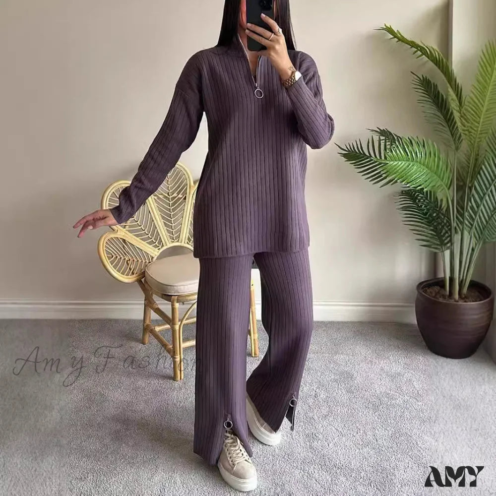 Simple Zipper Knitted High Neck Pajama Suit