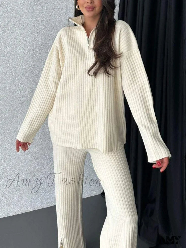 Simple Zipper Knitted High Neck Pajama Suit Apricot / S