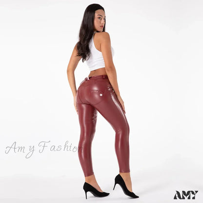 Skin Tight Dark Red Leather Faux Stretch Slim Fit Pants